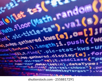 White lines of code over purple background. Programming code on monitor screen. Abstract background of digital binary code of software. Developer display with source code. Closeup of package.
