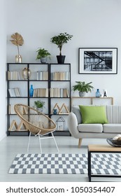 White Living Room Interior With Framed Photo On The Wall And Many Books On Shelves