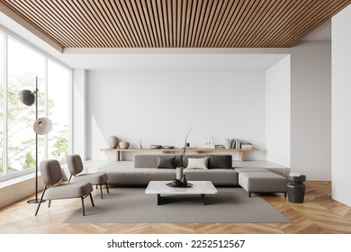 White living room interior with sofa and armchair, shelf with art decoration, carpet on hardwood floor. Panoramic window on tropics. Mockup copy space wall. 3D rendering - Shutterstock ID 2252512567