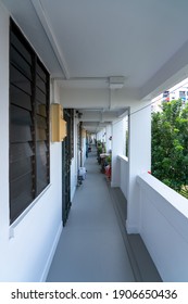 White Long Corridor From A Public Housing Estate, HDB, Singapore 