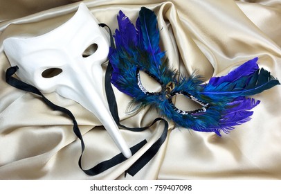 White Long Nose Mask And Eye Mask With Feathers