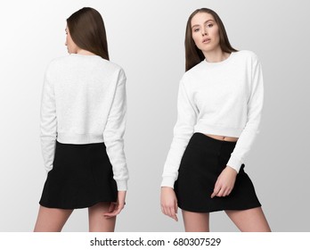 White Long Sleeve Crop Top On A Young Woman In Skirt, Front And Back Isolated, Mockup.