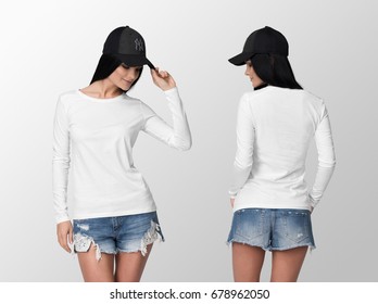 White Long Sleeve T-shirt On A Young Woman In Shorts And Cap, Isolated, Front And Back, Mockup.