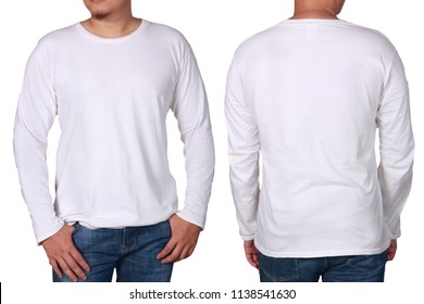 White long sleeved t-shirt mock up, front and back view, isolated. Male model wear plain white shirt mockup. Long sleeve shirt design template. Blank tees for print