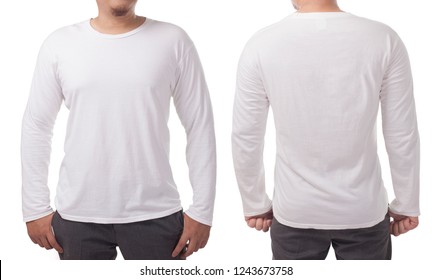 White long sleeved t-shirt mock up, front and back view, isolated. Male model wear plain white shirt mockup. Long sleeve shirt design template. Blank tees for print - Shutterstock ID 1243673758