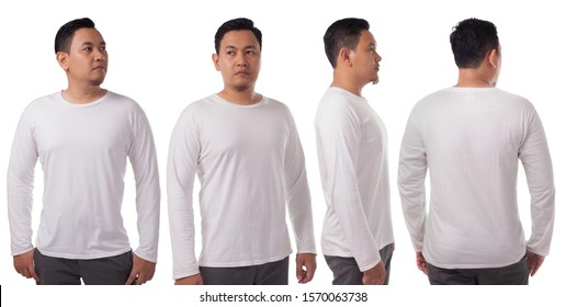 White Long Sleeved T-shirt Mock Up, Front Side And Back View, Isolated. Male Model Wear Plain White Shirt Mockup. Long Sleeve Shirt Design Template. Blank Tees For Print