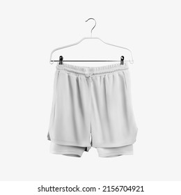 White Loose Shorts Mockup With Compression Line, Drawstring Waist, Men's Sportswear On A Hanger, Isolated On Background, Front View. Clothing Template With Underpants, For Design