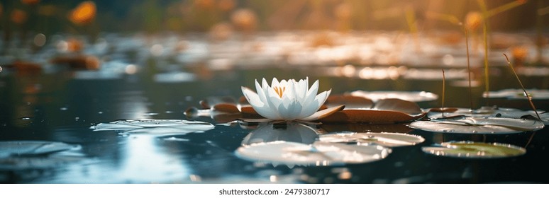 A white lotus flower floating on a tranquil pond with lily pads, bathed in soft sunlight.