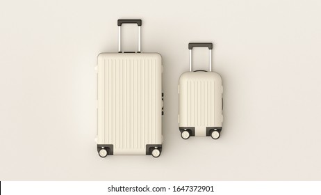 White luggage set on white background, top view image, flat lay composition. Travel minimalist concept, black and white classic baggage mockup, small and big. Suitcase accessory set, journey concept. - Shutterstock ID 1647372901
