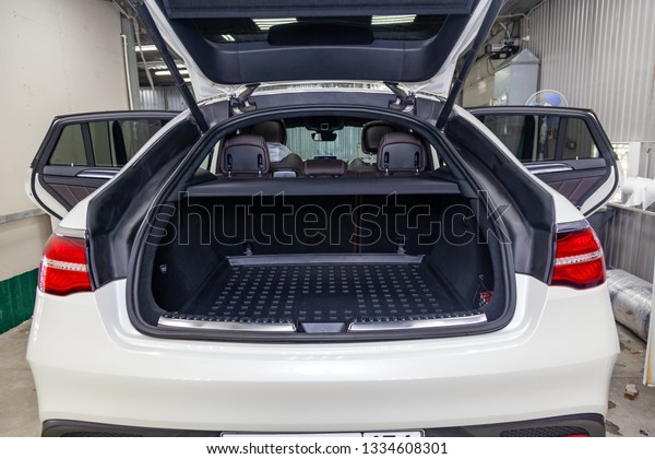 White luggage space in the body of\
the SUV hatchback with open rear doors and leather\
interior
