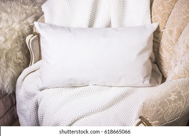 White Lumbar Pillow, Cushion On An Armchair, Mockup. Cozy Interior Photography.