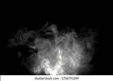 White luminous isolated abstract chaotic puffs of smoke on black background