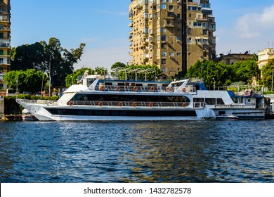 White Luxury Cruise Ship On Nile River In Cairo City, Egypt