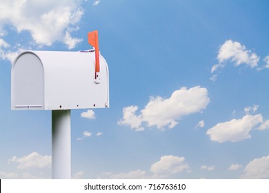 White mailbox installed in front of the house on the background blurred nature.