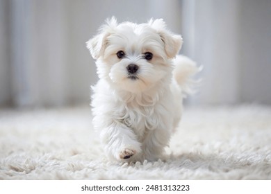 White Maltese puppy posing for a photo on the white rug - Powered by Shutterstock