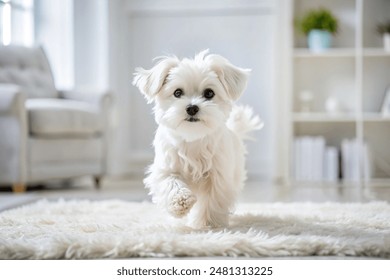 White Maltese puppy posing for a photo on the white carpet - Powered by Shutterstock