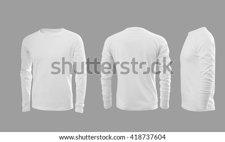 White man's T-shirt with long sleeves with rear and side view on a grey background