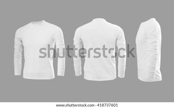 White man\'s T-shirt with long sleeves with\
rear and side view on a grey\
background