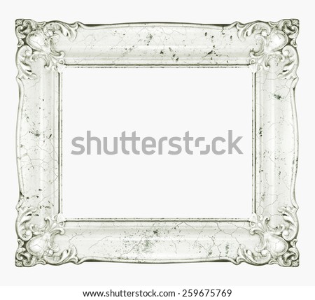 White marble baroque frame. Horizontal white stone crackle texture frame on white background, clipping paths for easier inserting included inside the frame.