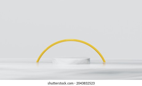 white marble circle textured stage on marble table with yellow circle background template