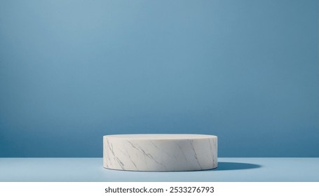 White marble cylinder platform sits on a blue background, providing a minimalist display space. Modern, elegant and clean look for product photography background purposes. - Powered by Shutterstock