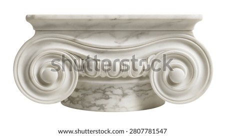White marble ionic column capital with decorative volutes and stone texture