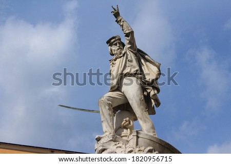 White marble monument of the Italian general Giuseppe Garibaldi in the city of Carrara, Tuscany.