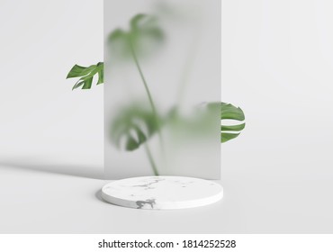 White Marble Product Display Podium Leaves . 3D Render	