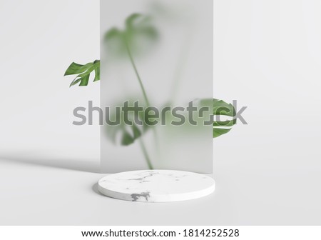 White marble product display podium leaves . 3D render	