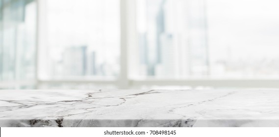White marble stone table top and blur glass window wall building with city view background - can used for display or montage your products. - Shutterstock ID 708498145