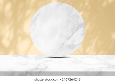 White Marble Table and Circle Marble Partition with Nature Shadow on Brown Concrete Wall Texture Background, Suitable for Cosmetic Product Presentation Backdrop, Display, and Mock up.