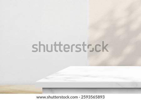 White Marble Table Corner with Light Beam, Shadow, and Spotlight on the Concrete Wall Background, Suitable for Product Presentation Backdrop, Display, and Mock up.