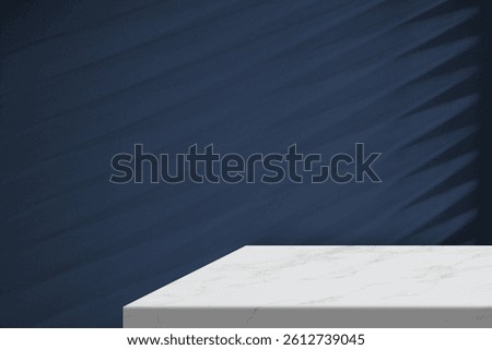 White Marble Table Corner with Light Beam, Shadow, and Light Beam from Blinded Window on the Blue Wallpaper Background, Suitable for Product Presentation Backdrop, Display, and Mock up.