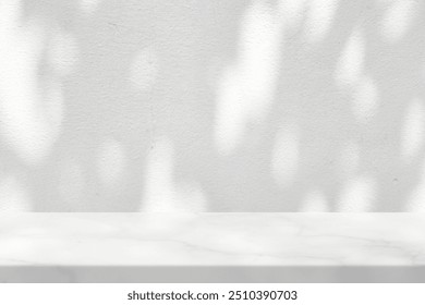 White Marble Table with Tree Shadow and Bokeh on Concrete Wall Texture Background, Suitable for Product Presentation Backdrop, Display, and Mock up.
