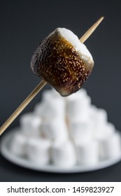 White Marshmallow On A Stick Burnt By Fire Caramelized