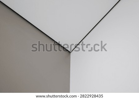 A white matte stretch ceiling with a shadow profile and built-in spotlights in a modern interior.