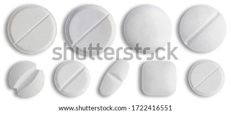 White medical Pill icon set closeup isolated on white background. Medical Drugs Pills and Capsules. Medical, healthcare, pharmaceuticals and chemistry concept.