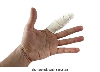 White Medicine Bandage On Human Injury Hand Finger