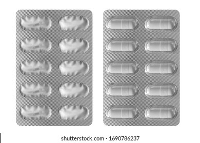 White medicine tablet in blister pack with front and back pack packaging on white background. High resolution photo have clipping path .