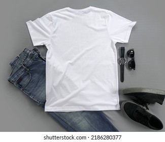 White Mens Cotton T-shirt Mockup With Jeans, And Sneakers. Design T Shirt Template, Tee Print Presentation Mock Up.