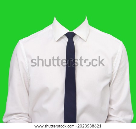 White men's shirt with dark blue tie. Image on a green background for photomontage.