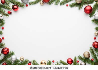 White Merry Christmas and Happy New Year background with oval frame. Blank for advertising text with copy space. Top view, flat lay - Powered by Shutterstock