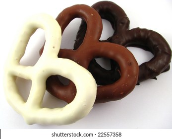 White, Milk, And Dark Chocolate Covered Pretzels