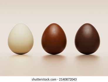 White, Milk And Dark Chocolate Easter Eggs On Pale Background.