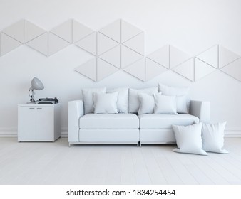 White minimalist living room interior with sofa on a wooden floor, decor on a large wall, white landscape in window. Home nordic interior. 3D illustration - Shutterstock ID 1834254454