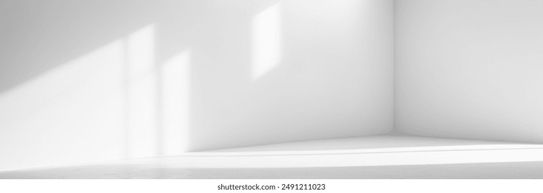 white minimalist room backdrop, sunlight shadow patterns, product placement, branding, contemporary empty interior design, perfect clean aesthetic presentations, advertising serene setting - Powered by Shutterstock