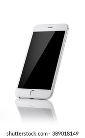 white mobile phone with black screen, reflection isolated white.