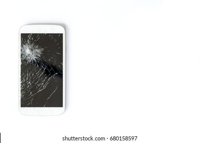 A white mobile phone is broken screen on white background.blank for copy space.