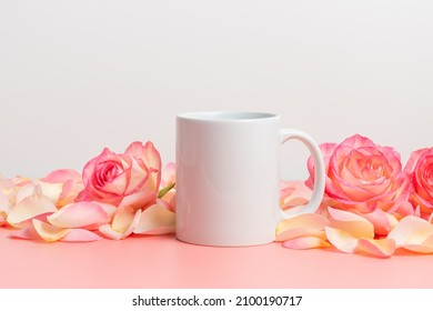 White Mockup Mug With Pink Roses And Petals. Valentine, Mother Day And Woman Day Theme