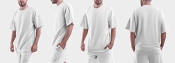 White  Mockup Oversize T-shirt On A Man. Template Isolated On White Background. Set